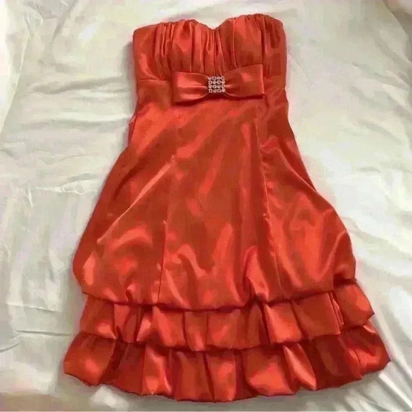 Orange Satin Prom Cocktail Event Dress - Picture 3 of 9